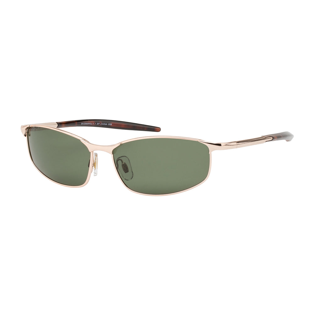 A pair of men's polarized sunglasses featuring a slim rectangle design. The frames are in a dark green color, suitable for fall styles. The sunglasses are part of a collection launched in 2010 and are tagged for a promotional event offering 25% off.