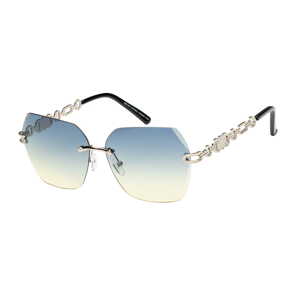 
                  
                    A stylish pair of sunglasses with a geometric frame design, suitable for ladies' fashion. The lenses are dark and the frame features a modern silhouette, reflecting current trends. The product is part of a new arrivals collection and is categorized as a novelty item, indicating a fresh and trendy look.
                  
                