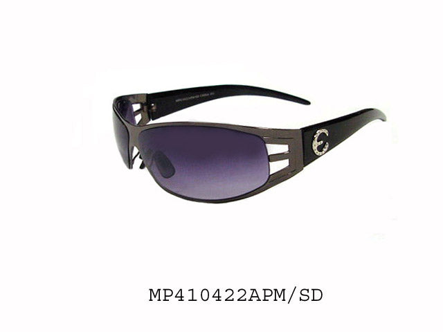 A pair of stylish sunglasses featuring a mixed-metal and plastic design. The frame has a wraparound shape, making it suitable for fashion-forward individuals. The sunglasses are designed for ladies and are part of a fashionable collection, showcasing a blend of modern aesthetics and functionality.