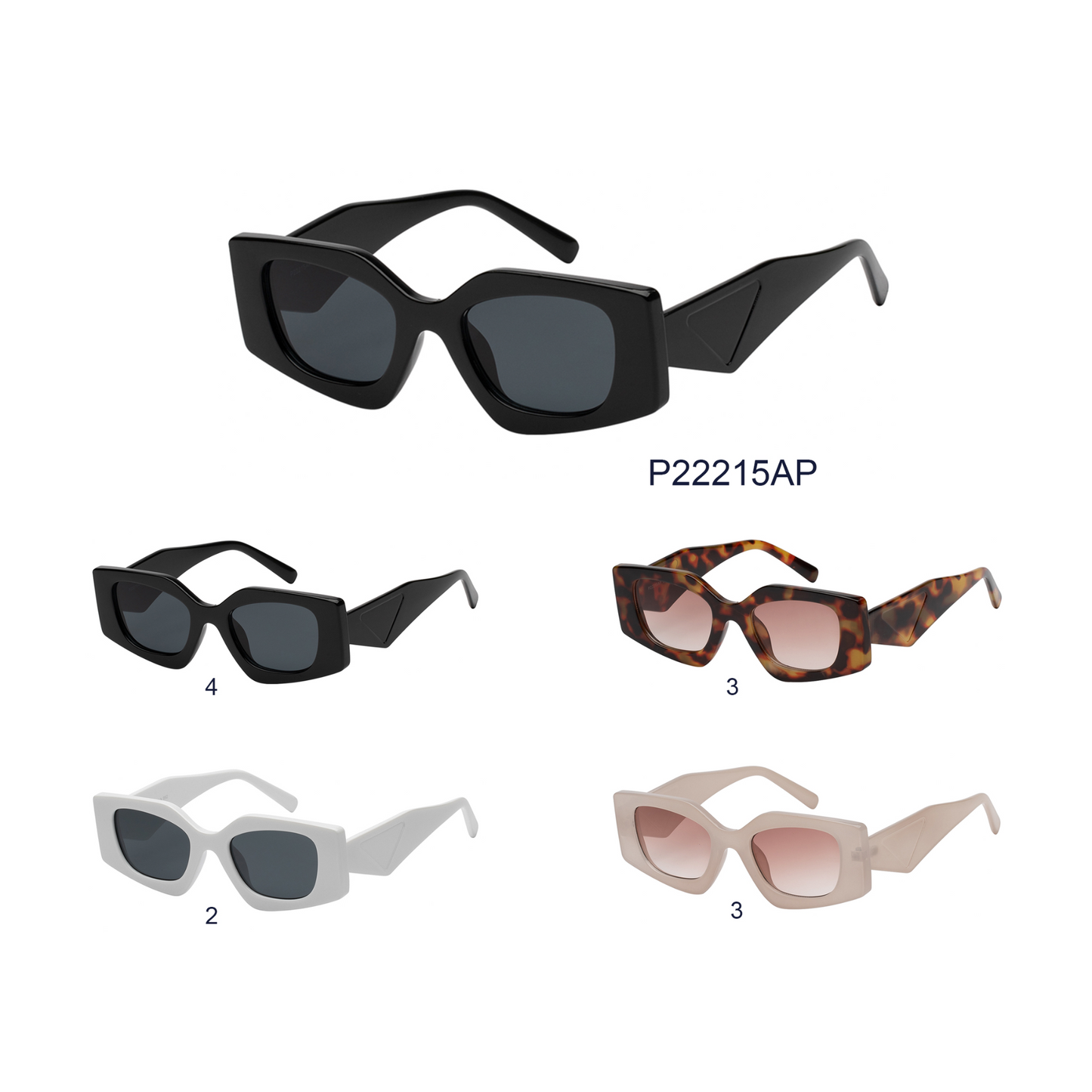 
                  
                    A pair of stylish rectangular sunglasses designed for women, made from plastic. The frame features a geometric design, showcasing a modern and fashionable look. The sunglasses are part of the 2023 collection and are categorized under new arrivals.
                  
                