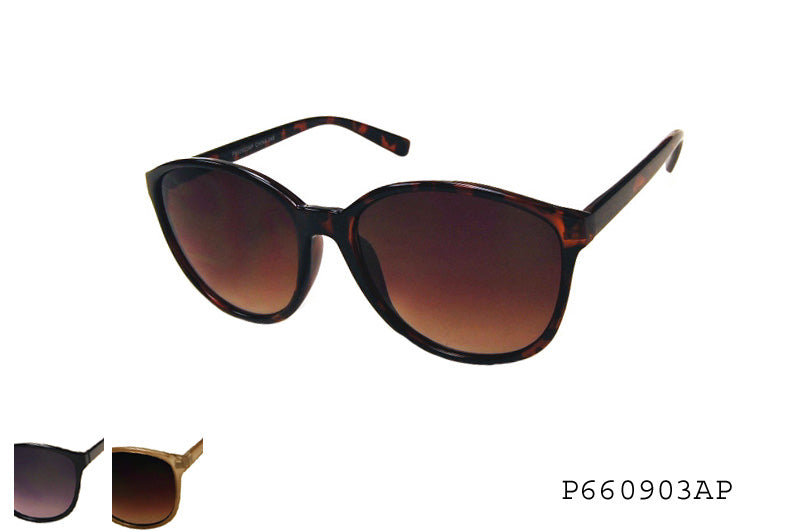 A pair of oval-shaped sunglasses made of plastic, featuring a stylish design suitable for ladies' fashion. The sunglasses are part of the 2023 collection, highlighted as new arrivals, and are tagged for a promotional event.