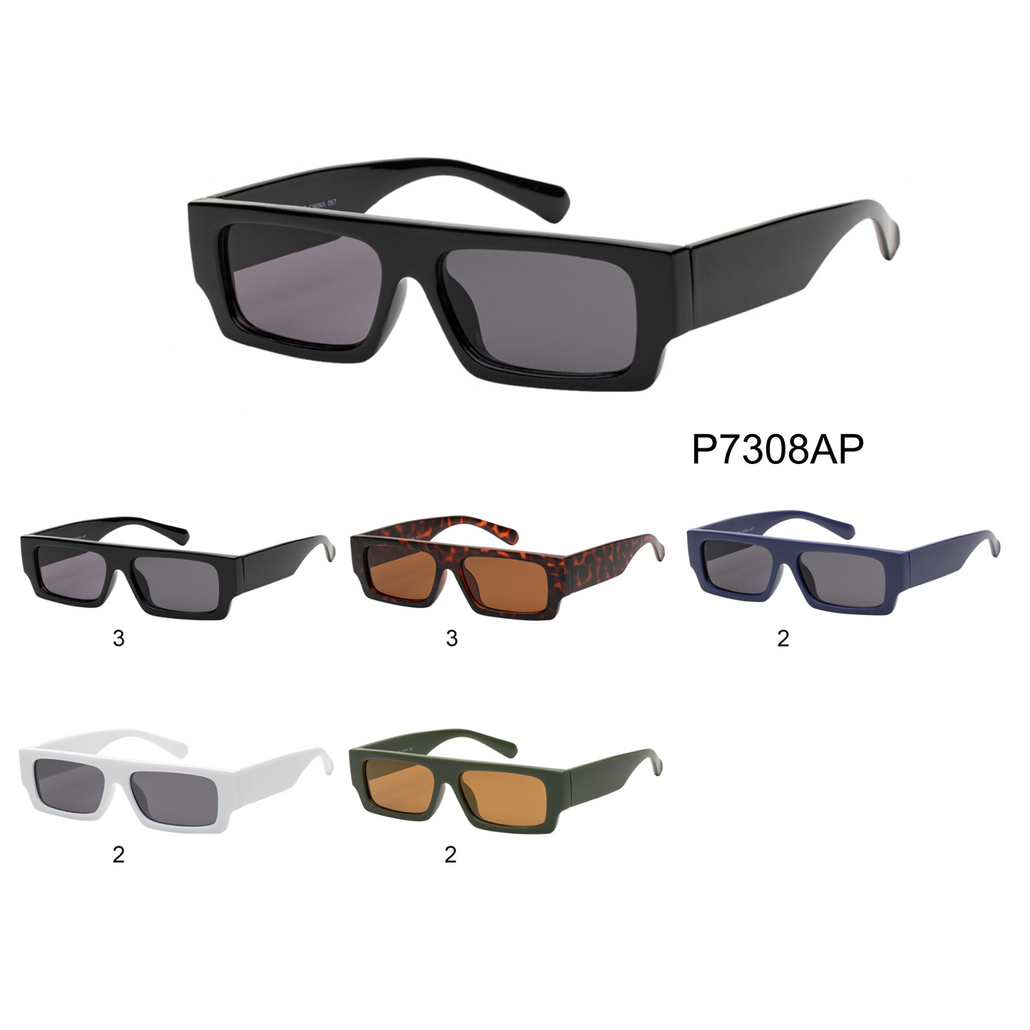 
                  
                    A pair of stylish slim rectangle sunglasses from APTCINC, model P7308AP. The frames are made of plastic, featuring a modern design suitable for both men and women. Ideal for fashion-forward individuals, these sunglasses are part of a unisex collection.
                  
                