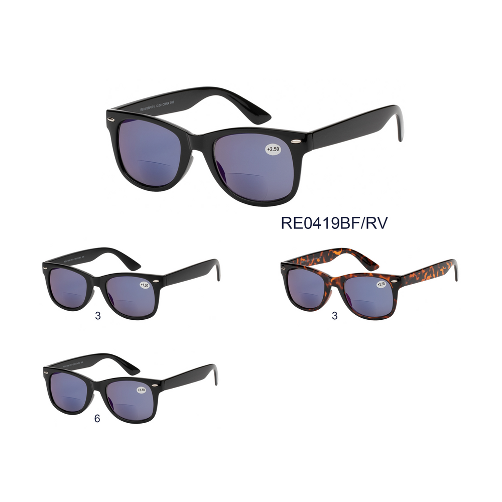 
                  
                    The image features a pair of stylish bifocal reader sunglasses by APTCINC, model RE0419BF/RV. The frames are made of plastic and have a classic design suitable for men. The lenses are tinted for sun protection while incorporating bifocal sections for reading, making them functional and fashionable. The sunglasses are part of the new arrivals in the sunglass collection for 2024.
                  
                