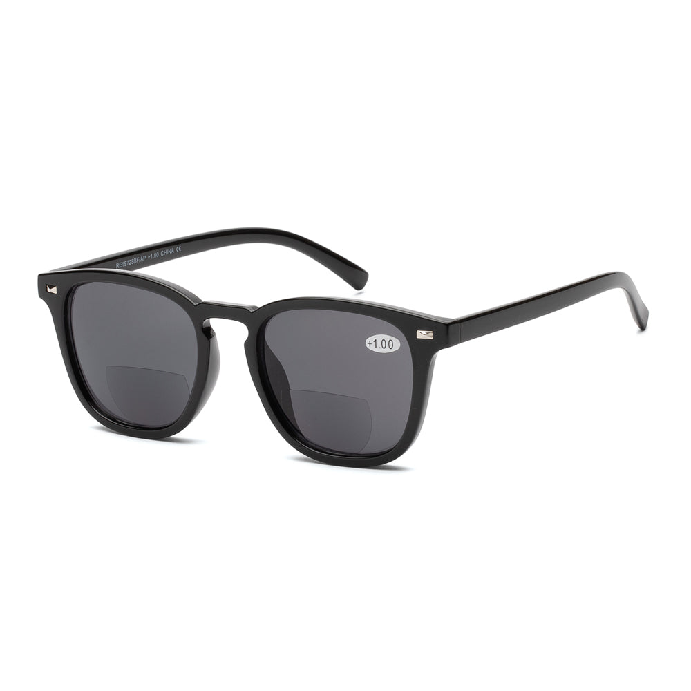 
                  
                    A pair of tinted bifocal sunglasses designed for women, featuring a stylish plastic frame. The lenses are tinted for sun protection while providing bifocal vision correction. The design is modern and suitable for casual wear.
                  
                