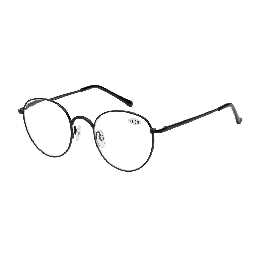 A pair of stylish clear reader sunglasses featuring a sleek metal frame. The lenses are transparent, ideal for reading, and the design is contemporary, suitable for casual or outdoor wear. The product is labeled with tags indicating a promotional offer and is part of a catalog for March 2024.