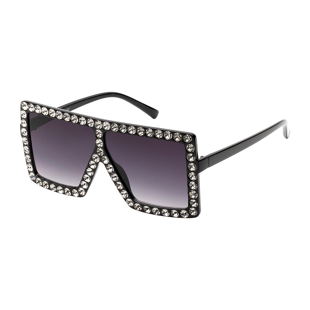 A pair of stylish shield sunglasses featuring a square frame adorned with rhinestones, designed for ladies. The sunglasses are part of a fashion collection and are labeled as a new arrival for 2021, with a promotional tag indicating a discount for Black Friday Cyber Monday.