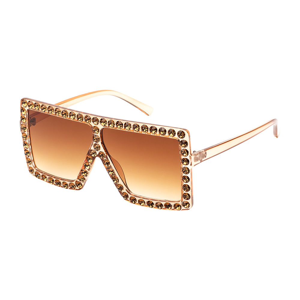 A pair of stylish square sunglasses featuring a shield design, adorned with rhinestones for added flair. The frame is sleek and modern, perfect for ladies' fashion. The sunglasses are part of a new arrivals collection for 2021.