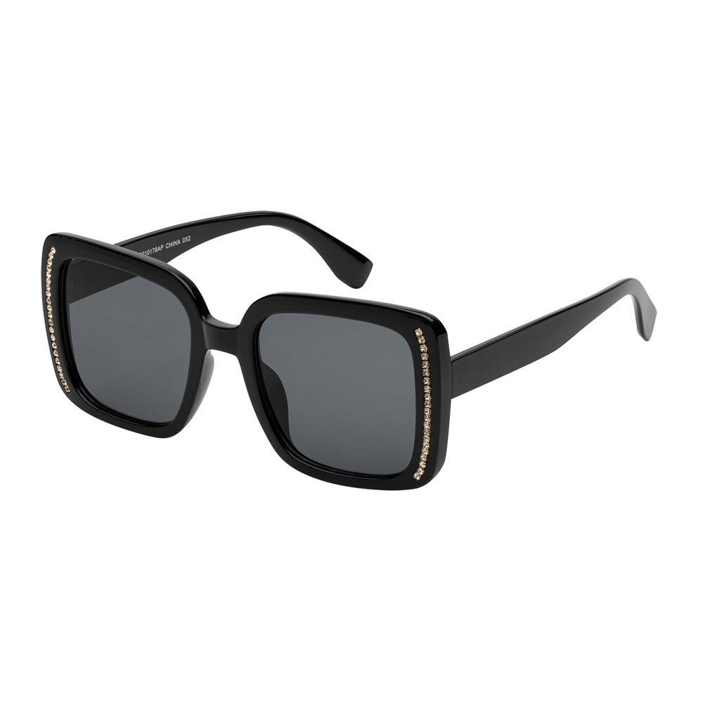 Stylish square sunglasses adorned with rhinestones, designed for ladies. The frame features a trendy design, perfect for fashion-forward individuals.