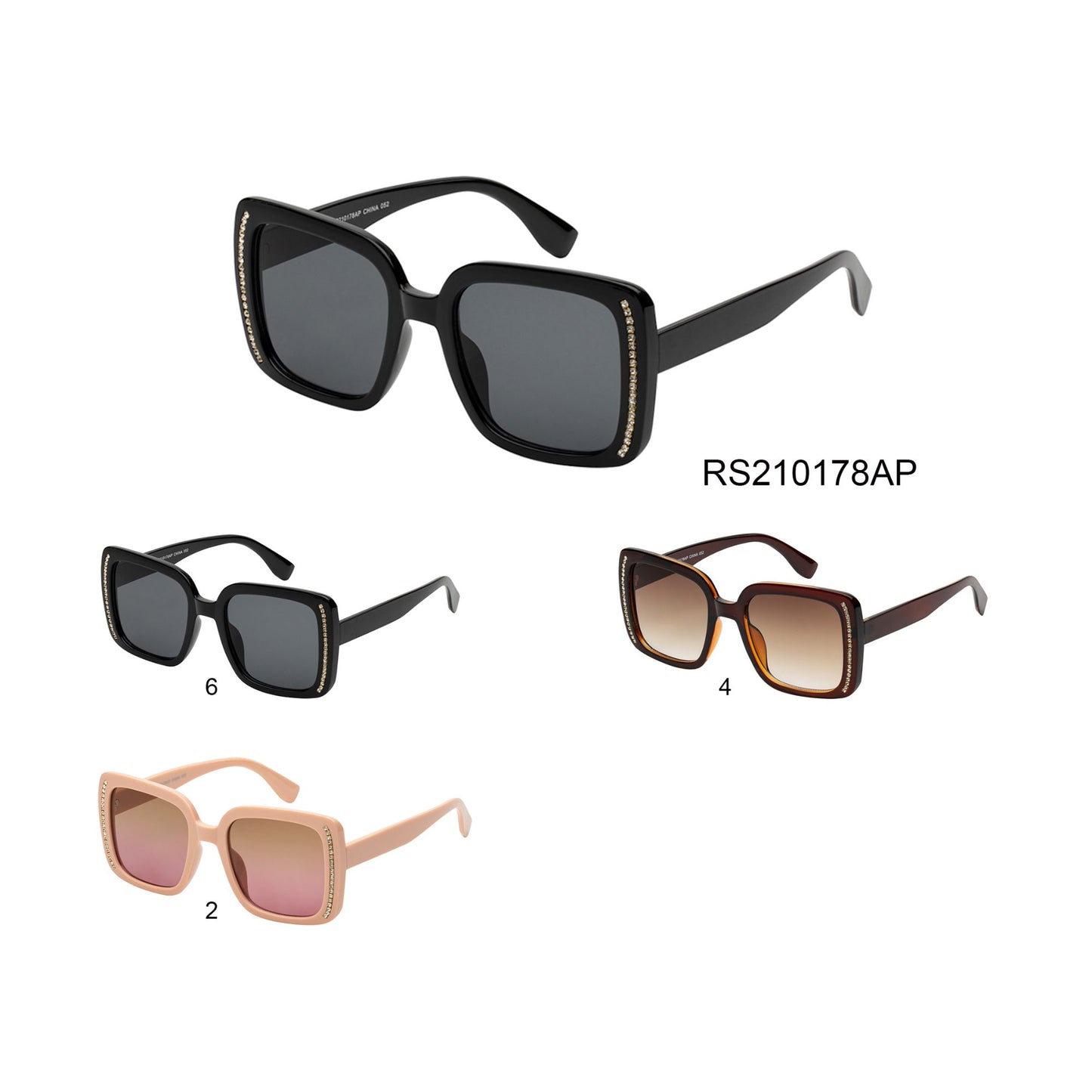 
                  
                    A pair of stylish square sunglasses adorned with rhinestones, designed for ladies' fashion. The frame features a modern and trendy design, suitable for various outfits. The sunglasses are part of the 2021 collection by APTCINC.
                  
                