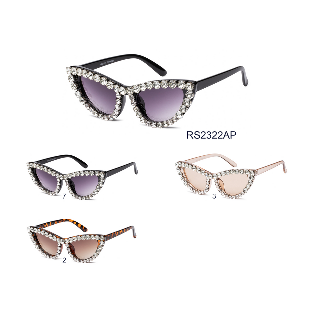 A stylish pair of cat-eye sunglasses designed for ladies, featuring a fashionable frame adorned with rhinestones. The sunglasses are part of the 2024 collection, showcasing a contemporary look suitable for various occasions.