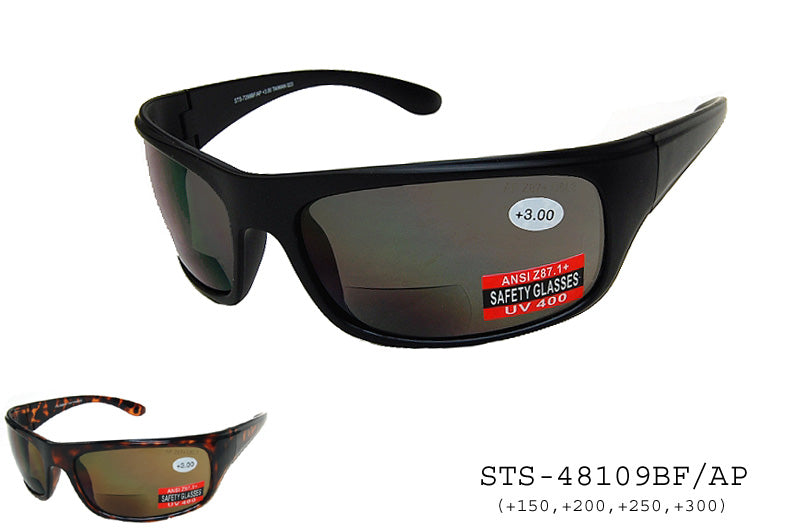 A pair of tinted bifocal sunglasses designed for both men and women, featuring a stylish plastic frame. The lenses are tinted for sun protection and include bifocal sections for reading. The product is labeled with the model number STS48109BF/AP and is categorized under reader sunglasses.