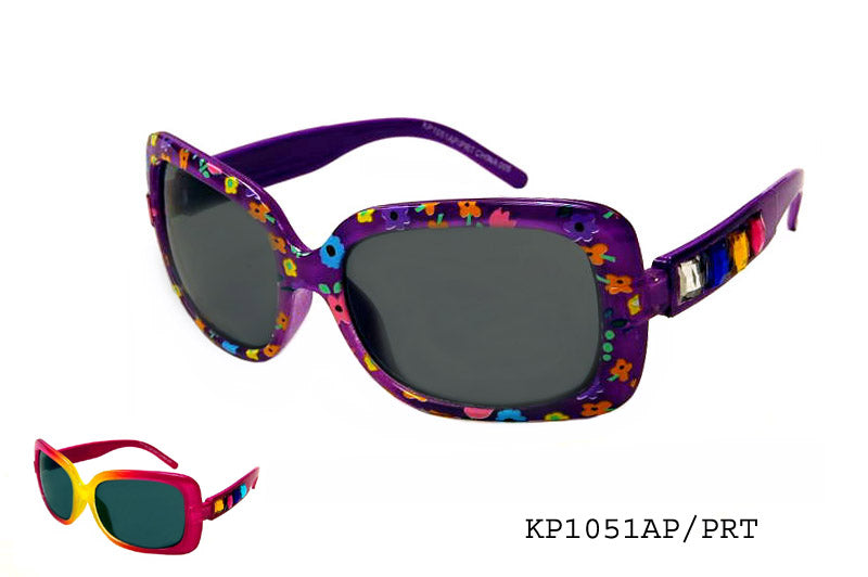 A pair of stylish sunglasses designed for girls, featuring a colorful frame and dark lenses. The glasses are part of a kids' collection and are likely aimed at a youthful audience, perfect for sunny days.