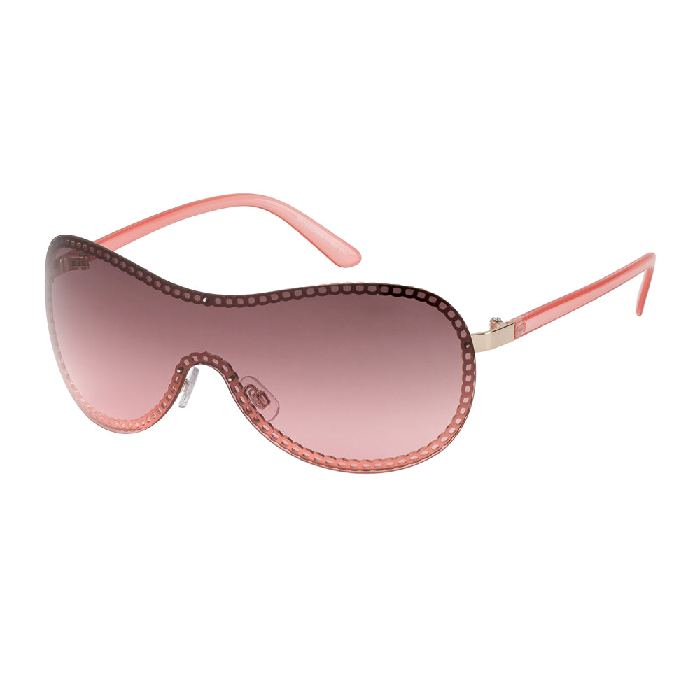 
                  
                    A pair of trendy oversized sunglasses with a rimless design, featuring metal temples. The style is fashionable and basic, suitable for ladies. The sunglasses are part of a collection released in 2020 and are promoted with a discount tag for Black Friday Cyber Monday.
                  
                