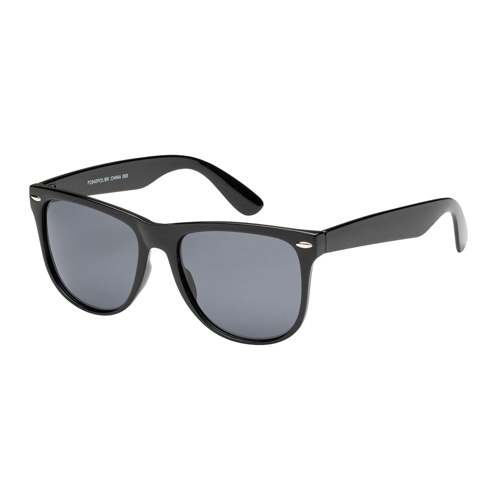 A pair of stylish men's polarized sunglasses with a sleek black frame. The lenses are dark and reflective, designed to reduce glare. The design is classic and unisex, making it suitable for various occasions. Ideal for outdoor activities and casual wear, these sunglasses are part of a collection launched in 2011.