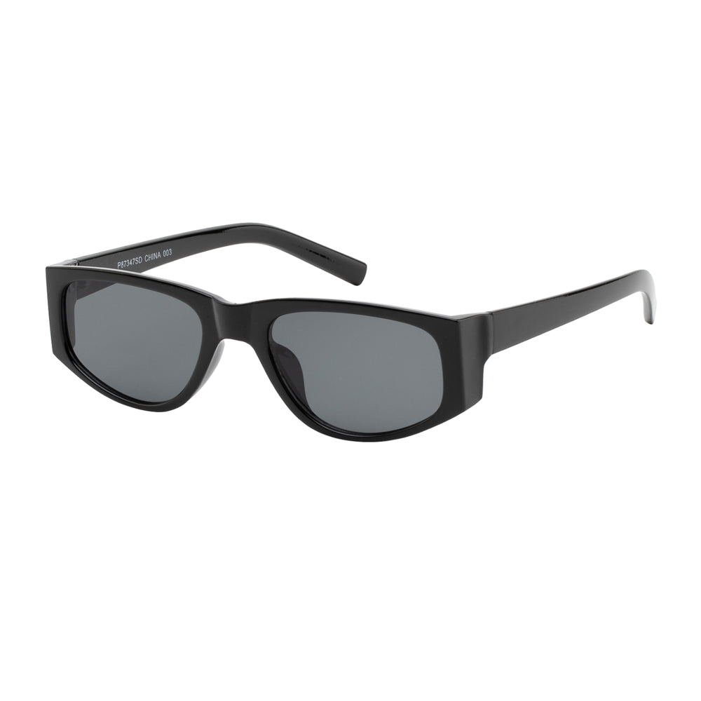 A pair of stylish sunglasses featuring a classic vintage design, with a black plastic frame and colorful lenses. The sunglasses are suitable for both ladies and men, highlighting a fashionable and basic aesthetic. They are part of a collection from APTCINC, model P87347SD, and are marked with a promotional tag for BFCM 2023. The lenses include shades of pink and tortoiseshell.