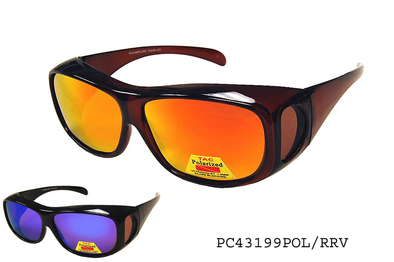 FITOVER sunglasses model PC43199POL/RRV by APTCINC, featuring a classic fitover design, polarized lenses, and a stylish frame. The sunglasses are designed to be worn over prescription eyewear, offering protection from sunlight.