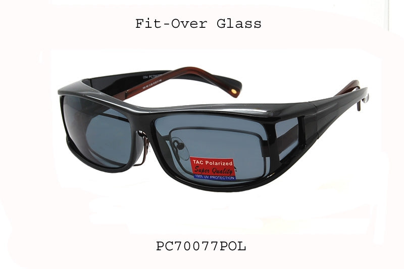 A pair of FITOVER sunglasses model PC70077POL by APTCINC. The sunglasses feature a classic design with a polarized lens, suitable for wearing over prescription glasses. The frame is stylish and designed for comfort, making them ideal for outdoor activities. The product is tagged with promotional labels indicating a discount and its new release status.