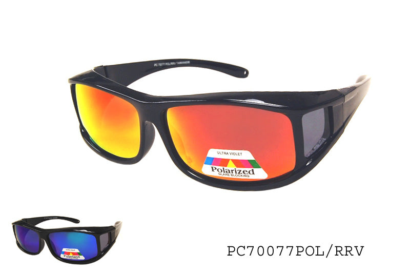 A pair of FITOVER sunglasses featuring a classic design, with polarized lenses and a robust frame. The color scheme includes a combination of dark and vibrant hues. Ideal for wearing over prescription glasses, these sunglasses are designed for comfort and style.