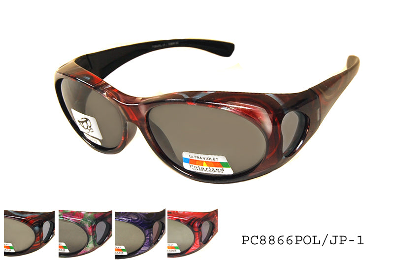 A pair of FITOVER sunglasses, model PC8866POL/JP-1, featuring a sleek design with a polarized lens. The frame is likely durable and designed to fit over prescription glasses. The color scheme includes a combination of dark and light shades, suitable for outdoor use. The product emphasizes style and functionality, particularly for those needing to wear glasses underneath.