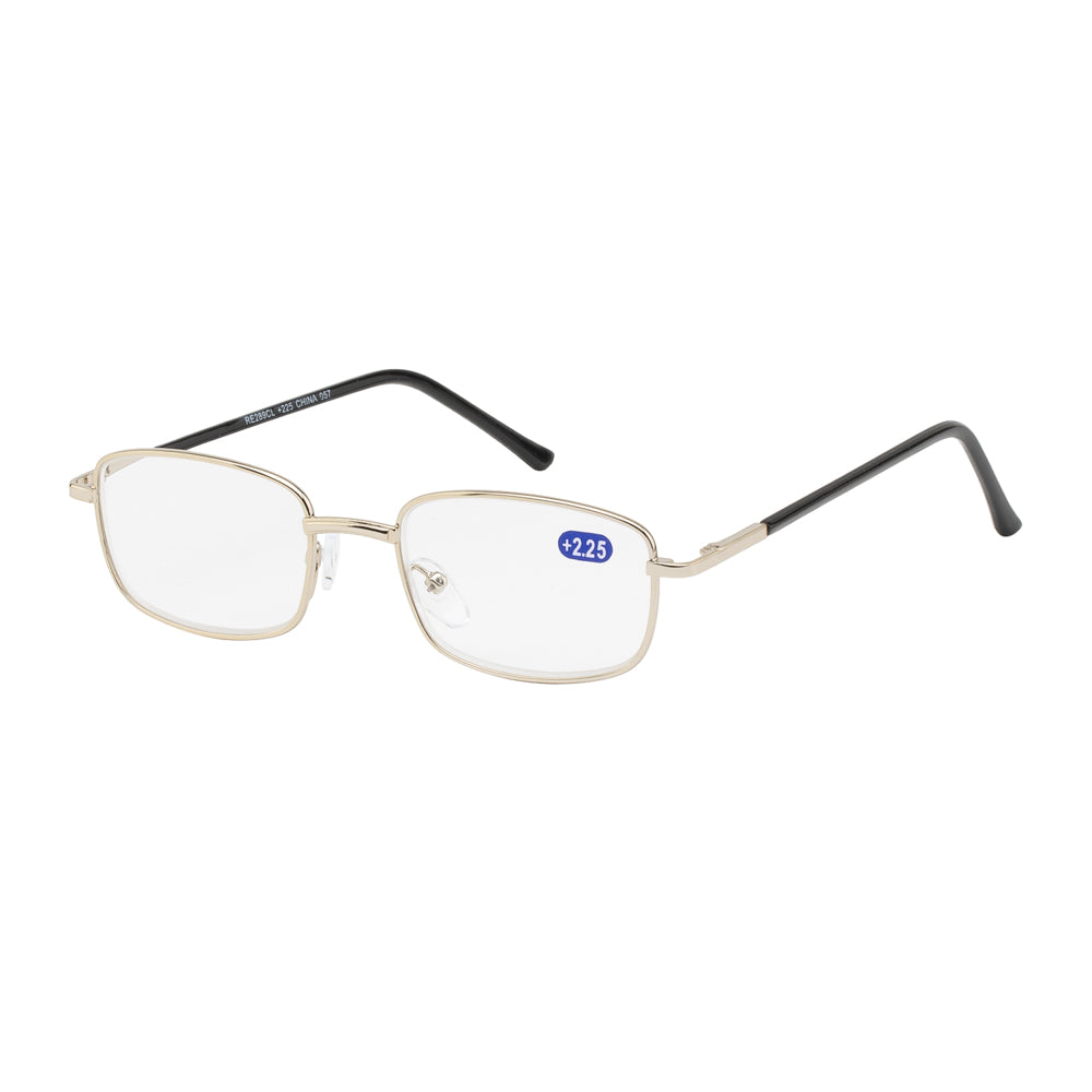 A pair of stylish clear reader sunglasses featuring a metal frame. The lenses are transparent, designed for reading while providing UV protection. The design is sleek and modern, suitable for both indoor and outdoor use.