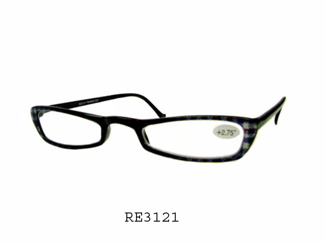 
                  
                    A pair of stylish clear reader sunglasses with a modern design, featuring transparent frames and dark lenses. The brand name "RE3121" is displayed prominently.
                  
                