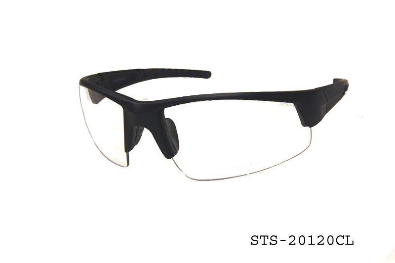 A pair of clear safety glasses with a wraparound design, featuring a sturdy frame and protective lenses. The glasses are designed for safety and comfort, suitable for various environments.